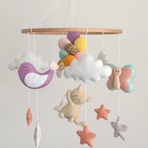 Neutral Baby Mobile with Cat, Bird, Butterfly & Clouds – Handmade Felt Crib Mobile, Rainbow Nursery Decor, Baby Shower Gift for Girl