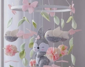 Handmade Baby Movable,Postpartum Mother Gift,Felt Animal Crib Movable,Mother Baby Bunny Mobile with Bird and Butterfly,Kids Room Decoration