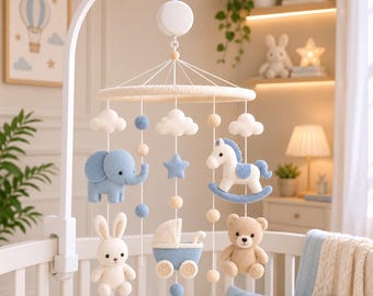 Baby Mobile with Elephant, Rocking Horse, Bunny, Teddy Bear & Stroller | Blue Nursery Mobile | Felt Crib Mobile | Baby Boy Shower Gift