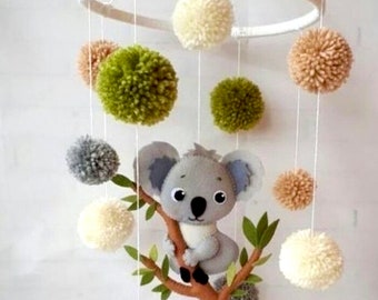 100% Handmade Baby Crib Ornament With Pompoms And Koala, Baby Movable,Postpartum Mother Gift,Felt Animal Crib Movable, Baby-Kids Room Decor