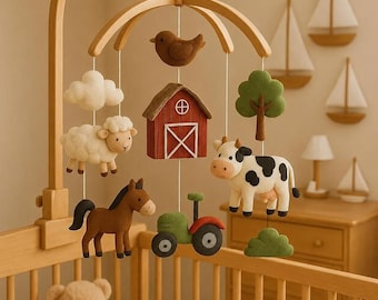 Móvil de animales de granja para bebé - Móvil de cuna móvil hecho a mano con vaca, caballo, tractor y granero - Decoración rústica para habitación infantil - Ideal como regalo para baby shower