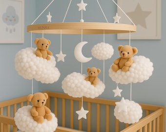 Teddy Bear Cloud Baby Mobile: Handmade Felt Nursery Decor