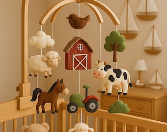 Farm Animal Baby Mobile - Handmade Movable Crib Mobile with Cow, Horse, Tractor & Barn - Rustic Nursery Decor - Ideal for Baby Shower Gift