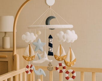 Handmade Nautical Felt Baby Crib Mobile: Lighthouse, Ship & Birds