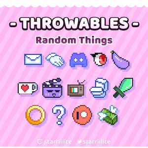 Puede incluir: Un fondo rosa con un contorno blanco y rayas diagonales. El texto "THROWABLES - Random Things" está en la parte superior de la imagen. Hay 12 iconos de pixel art de varios objetos, incluyendo una carta, una mano, un mando de juego, un ojo, una berenjena, una taza de café con un corazón, una claqueta de cine, una televisión, un inodoro, una espada, un anillo, un signo de interrogación, un disco y una bolsa de dinero.