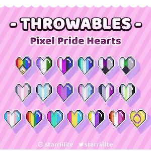 May include: A set of 18 pixel art hearts, each representing a different pride flag. The hearts are arranged in three rows of six, with a pink background and white diagonal stripes. The text "THROWABLES - Pixel Pride Hearts" is at the top of the image.