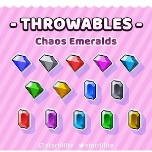 May include: A set of 12 pixel art Chaos Emeralds, each in a different color, including blue, gray, red, pink, light blue, green, yellow, dark blue, black, red, purple, blue, green, and gold. The emeralds are arranged in three rows of four. The text "THROWABLES - Chaos Emeralds" is at the top of the image.