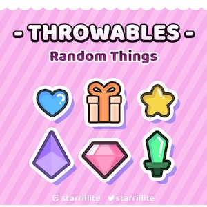 May include: A set of six colorful cartoon stickers with a pink background. The stickers include a blue heart, an orange gift box with a bow, a yellow star, a purple diamond, a pink diamond, and a green sword.