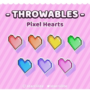 May include: Set of six pixel heart throwables in different colours: pink, orange, yellow, green, blue, and purple. The hearts are pixelated and have a 3D effect. The text "THROWABLES" and "Pixel Hearts" is at the top of the image.