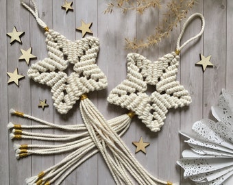 Etoile filante en macramé - Ornement pour décoration de fêtes à accrocher au mur ou au sapin