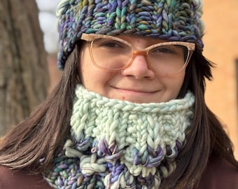 Mint Green and Blue Merino Wool “Mirror Pond” Beanie, Cowl, or Set of Both