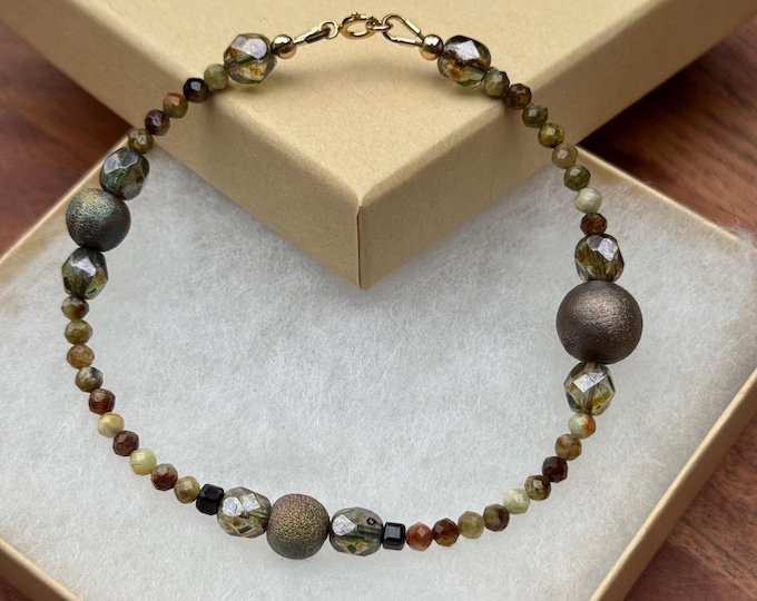 Featured listing image: Earth-toned Gemstone Bracelet | Green Garnet | Metallic Raku | Czech Glass | Gold Fill | Ready to Ship