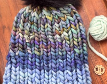 Blue and Green Multicolored Merino Wool Beanie with Removable Black Faux Fur Pom