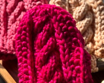 Fuchsia Merino Wool Cable Knit Beanie