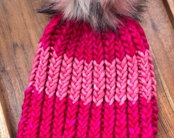Hot Pink and Light Pink Merino Wool Beanie with Removable Light Pink and Cream Faux Fur Pom