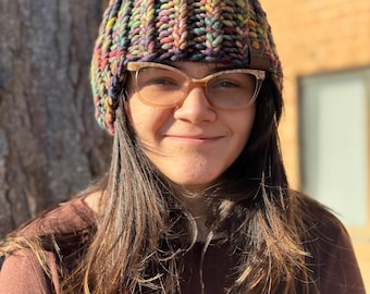 Rainbow Merino Wool Beanie with Dark Green Faux Fur Pom