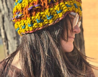 Mustard and Teal Rainbow Wool “Hotdish” Ear Warmer