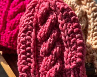 Pink Merino Wool Cable Knit Beanie