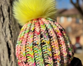 Neon Yellow and Pink Merino Wool Beanie with Removable Neon Yellow Faux Fur Pom