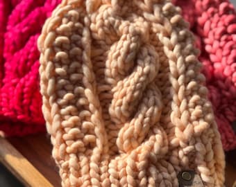 Melon Colored Merino Wool Cable Knit Beanie