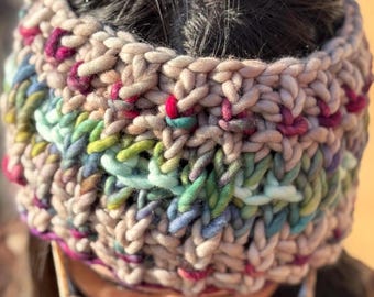 Beige and Rainbow Merino Wool “Hotdish” Ear Warmer