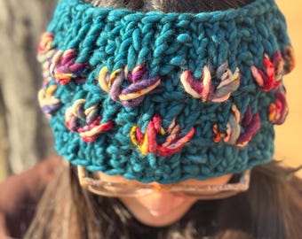 Teal and Neon Pink Rainbow Merino Wool “Mirror Pond” Ear Warmer