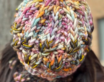 Pink and Oil Slick Merino Wool “Mirror Pond” Beanie, Cowl, or Set of Both