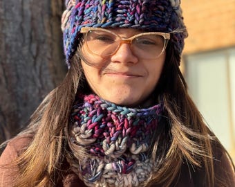 Cream and Jewel Tone Merino Wool “Mirror Pond” Beanie, Cowl, or Set of Both