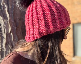Pink Merino Wool, Mohair, and Silk Hat with Black Faux Fur Pom