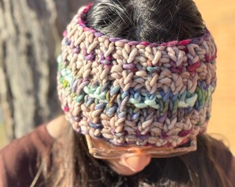 Rainbow and Cream Merino Wool “Hotdish” Ear Warmer