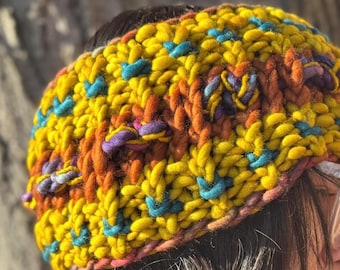 Mustard and Teal Rainbow Wool “Hotdish” Ear Warmer