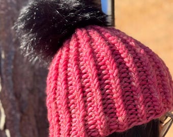 Pink Merino Wool, Mohair, and Silk Hat with Black Faux Fur Pom