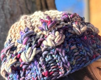 Cream and Jewel Tone Merino Wool “Mirror Pond” Beanie, Cowl, or Set of Both