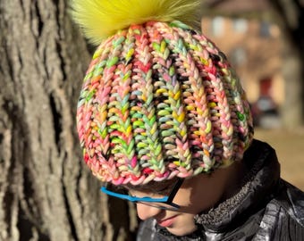 Neon Yellow and Pink Merino Wool Beanie with Removable Neon Yellow Faux Fur Pom