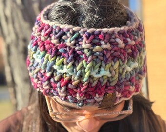 Rainbow and Blue “Hotdish” Merino Wool Ear Warmer
