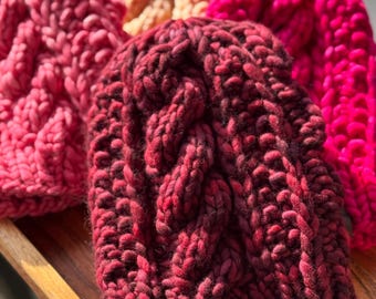 Scarlet Red Merino Wool Cable Knit Beanie