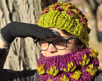 Green and Purple Merino Wool “Mirror Pond” Beanie, Cowl, or Set of Both