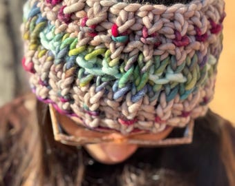 Beige and Rainbow Merino Wool “Hotdish” Ear Warmer