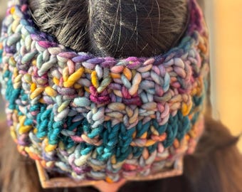 Teal and Rainbow “Hotdish” Merino Wool Ear Warmer