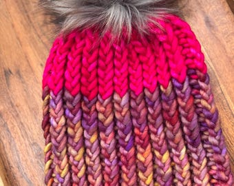 Hot Pink and Rainbow Merino Wool Beanie with Removable Gray Faux Fur Pom
