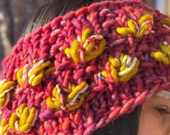 Pink, Orange, and Mustard Merino Wool “Mirror Pond” Ear Warmer