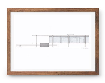Farnsworth House Original painting - Mies van der Rohe, modern architecture, American modernism, architecture illustration, hand drawing