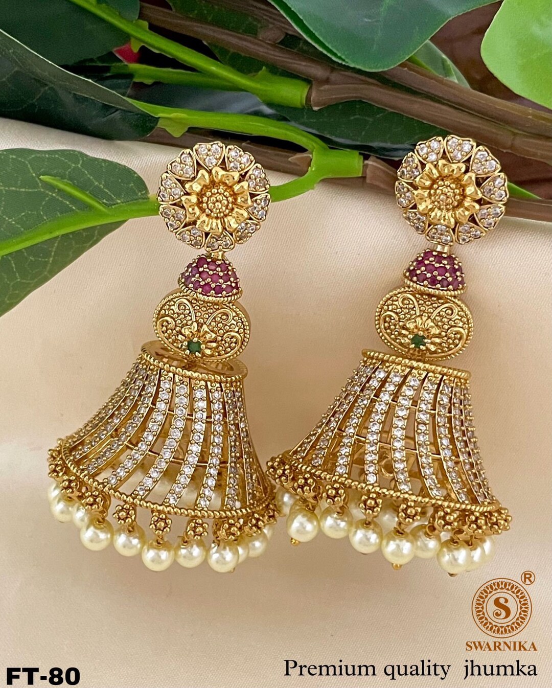 Cubic Zirconia Stylish Jhumki Earring Set Gold Matte Finish Pearl