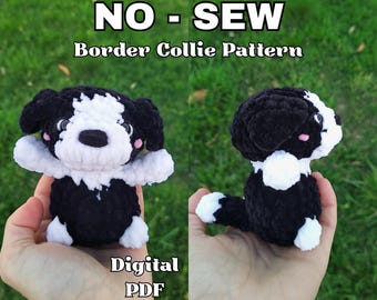 May include: Two images of a black and white crochet Border Collie dog. The text "NO - SEW Border Collie Pattern" is at the top. The text "Digital PDF" is at the bottom. The dog has pink cheeks and a black nose.
