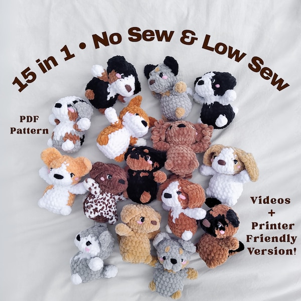 15 No Sew & Low Sew Dog Crochet Pattern Bundle, Dog Animal Plushie PDF, Dog Amigurumi Beginner Crochet Pattern, Cute Dog Toy Gift