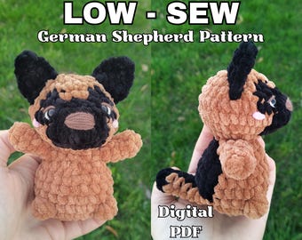 May include: A crocheted German Shepherd dog plushie in shades of brown and black, with the text "LOW - SEW German Shepherd Pattern" and "Digital PDF". The plushie has a soft, textured appearance and is held in a hand.
