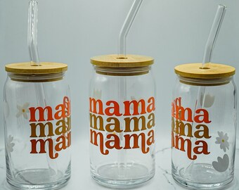 Mama Glass Glass Can Cup, Glass Straw, Bamboo Lid, Vinyl Appliqued, Permanent Vinyl, Great gift for Mother's Day, New Mom, or Birthdays