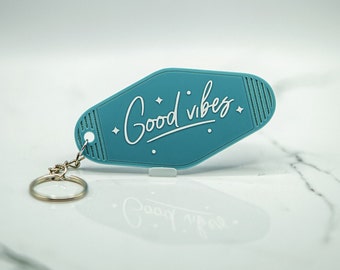 Good Vibes Key Tag, Hotel Key Chain, Retro Hotel Keychain, Acrylic, Permanent Vinyl Appliqued
