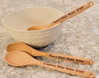 Engraved Wooden 'Magic Mixing Spoons', For Moms, Grandmas, Nana, Dads, Grandpas, or Papa, Laser Engraved Beech Wood