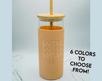 Coffee, Coffee, Coffee, Coffee Glass Tumbler with Engraved Silicone Sleeve, 20 oz Capacity, Bamboo Lid and Straw, Laser Engraved Silicone